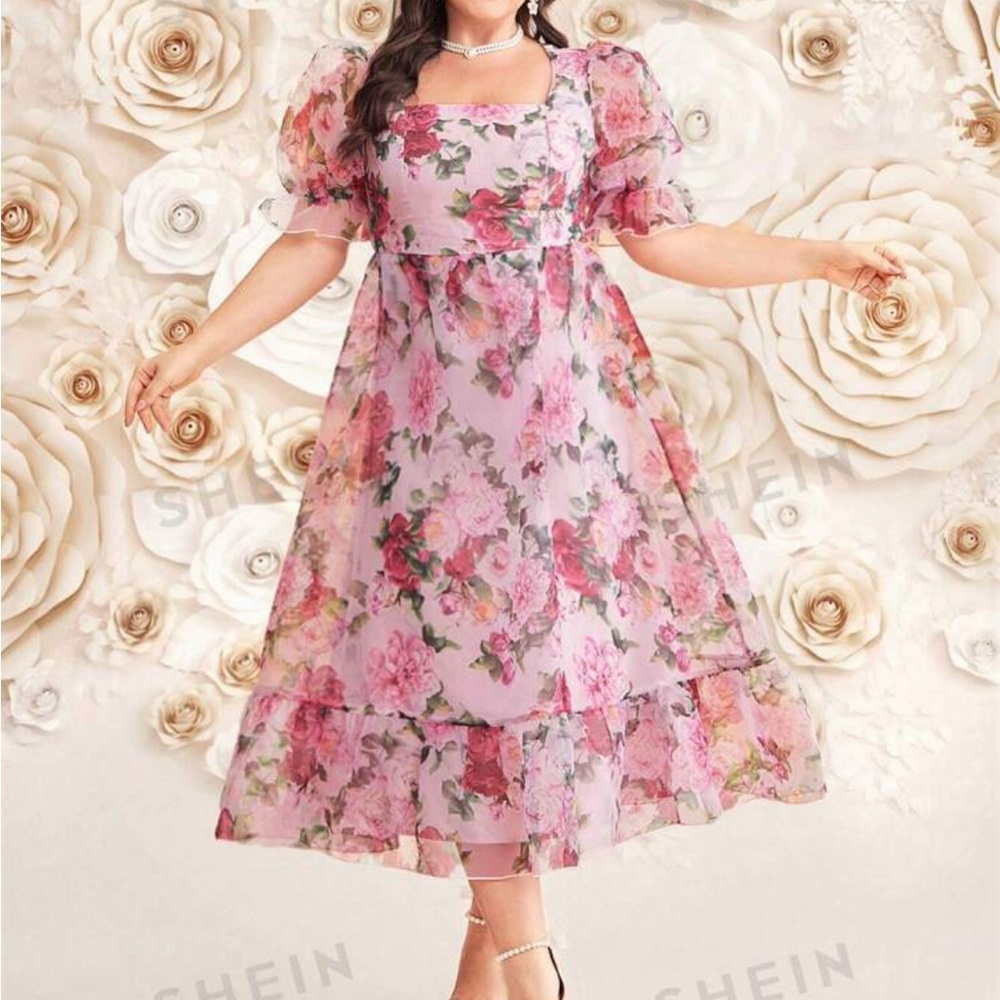 Pink, floral, plus-size dress